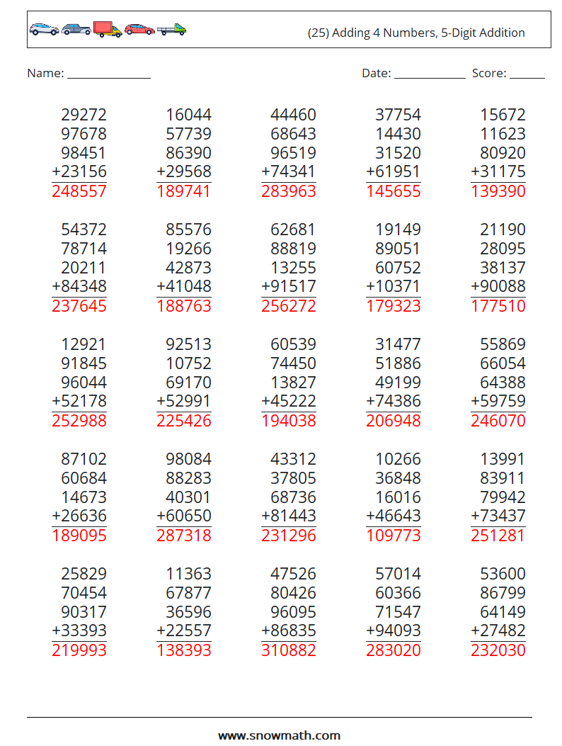 (25) Adding 4 Numbers, 5-Digit Addition Math Worksheets 5 Question, Answer