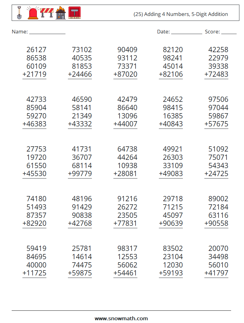 (25) Adding 4 Numbers, 5-Digit Addition Math Worksheets 6