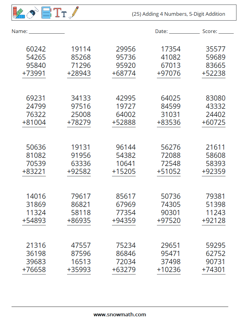 (25) Adding 4 Numbers, 5-Digit Addition Maths Worksheets 7