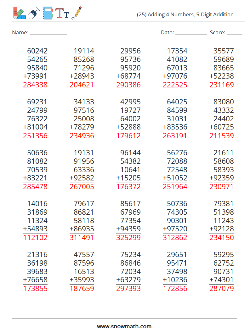 (25) Adding 4 Numbers, 5-Digit Addition Math Worksheets 7 Question, Answer