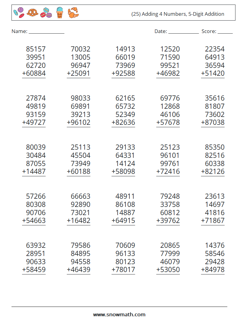 (25) Adding 4 Numbers, 5-Digit Addition Maths Worksheets 8