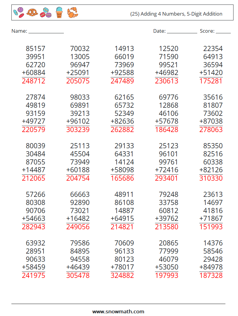 (25) Adding 4 Numbers, 5-Digit Addition Math Worksheets 8 Question, Answer