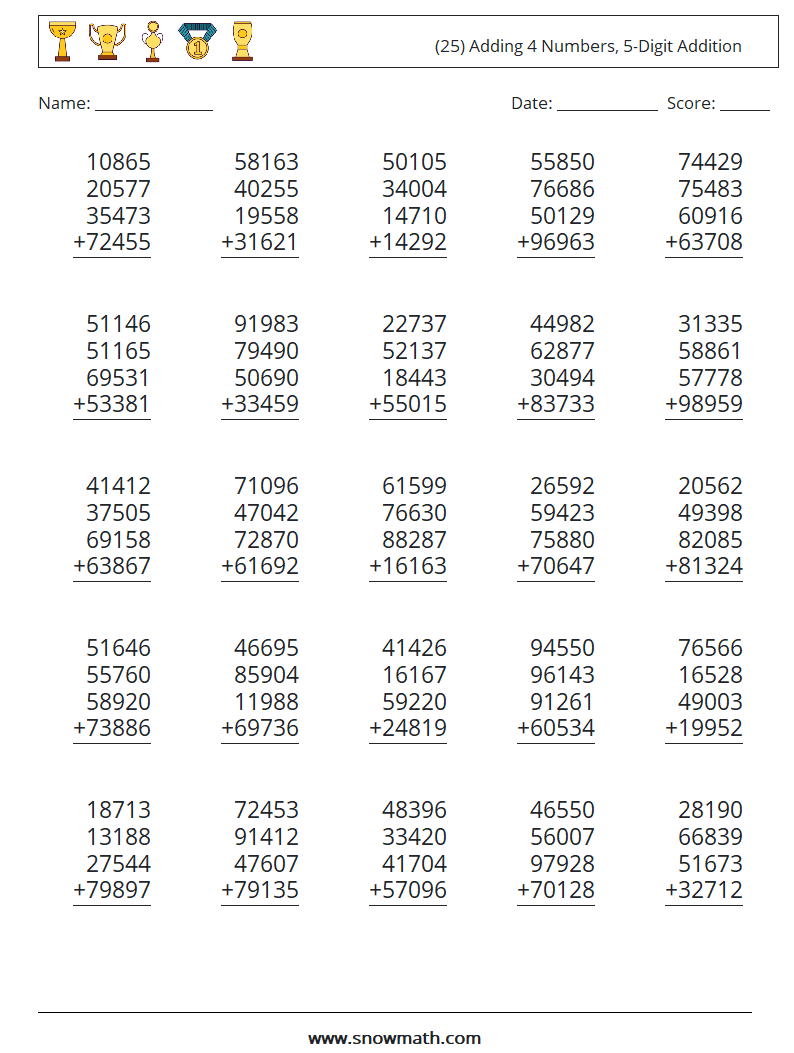 (25) Adding 4 Numbers, 5-Digit Addition Maths Worksheets 9