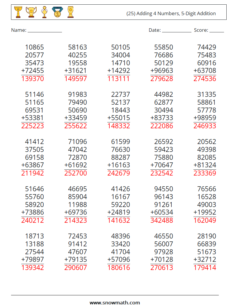 (25) Adding 4 Numbers, 5-Digit Addition Math Worksheets 9 Question, Answer