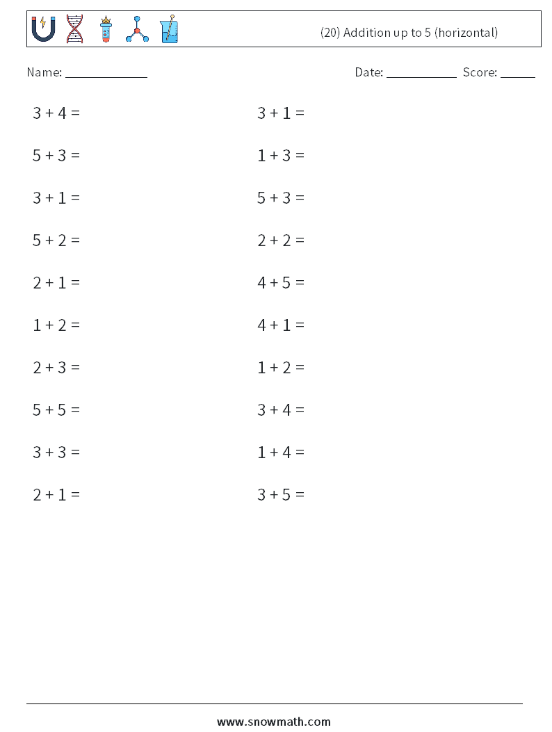 (20) Addition up to 5 (horizontal) Math Worksheets 1