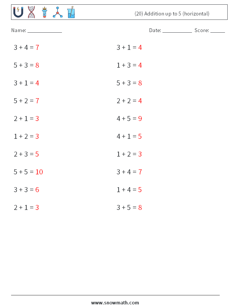 (20) Addition up to 5 (horizontal) Math Worksheets 1 Question, Answer