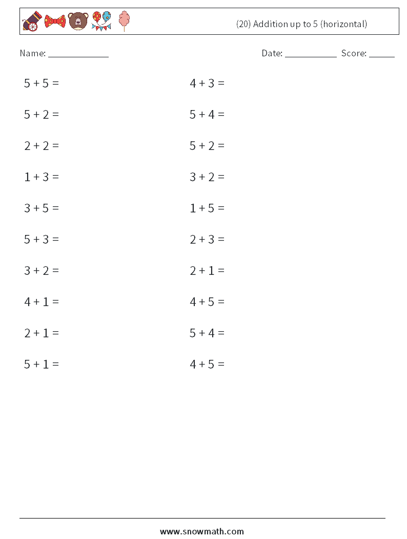 (20) Addition up to 5 (horizontal) Math Worksheets 3
