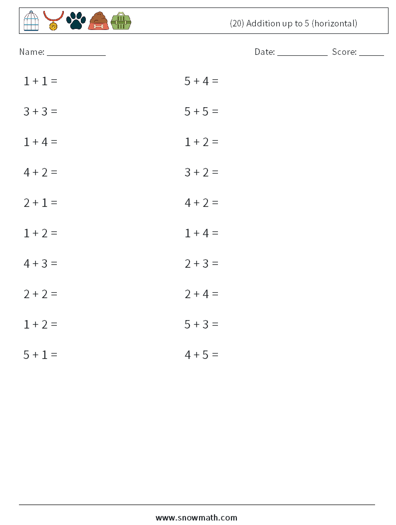 (20) Addition up to 5 (horizontal) Maths Worksheets 4