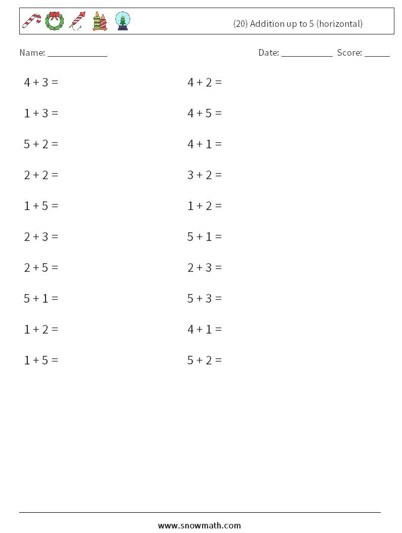 (20) Addition up to 5 (horizontal) Math Worksheets 6