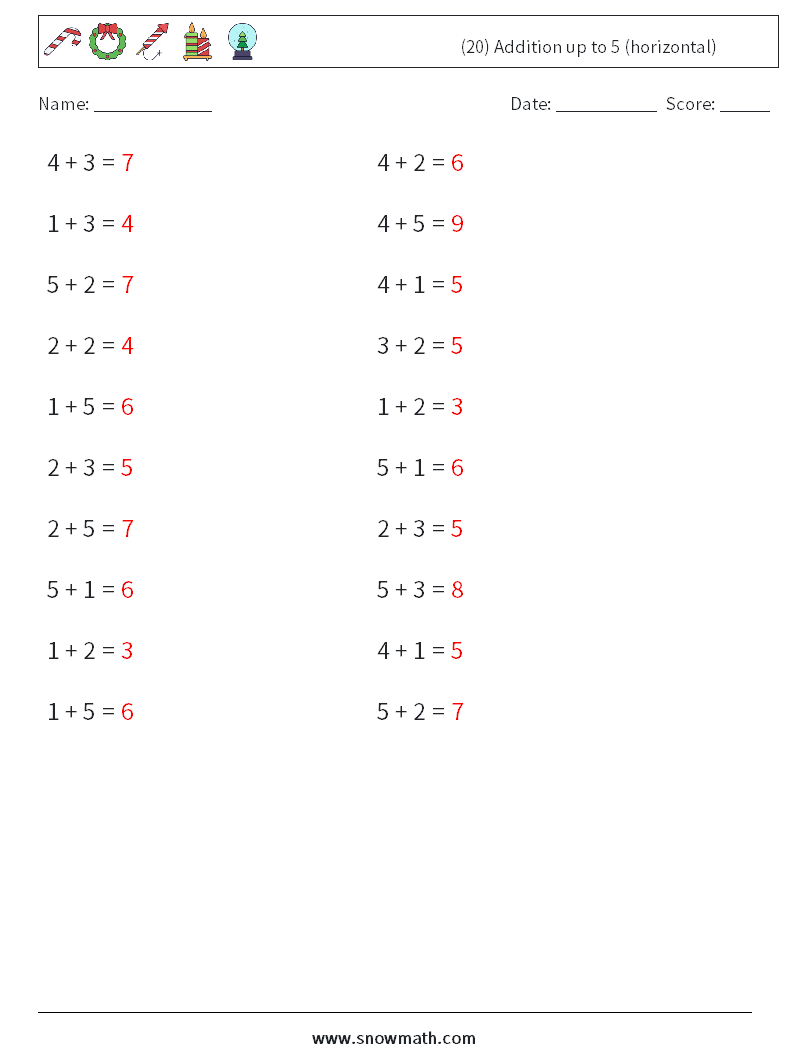 (20) Addition up to 5 (horizontal) Math Worksheets 6 Question, Answer