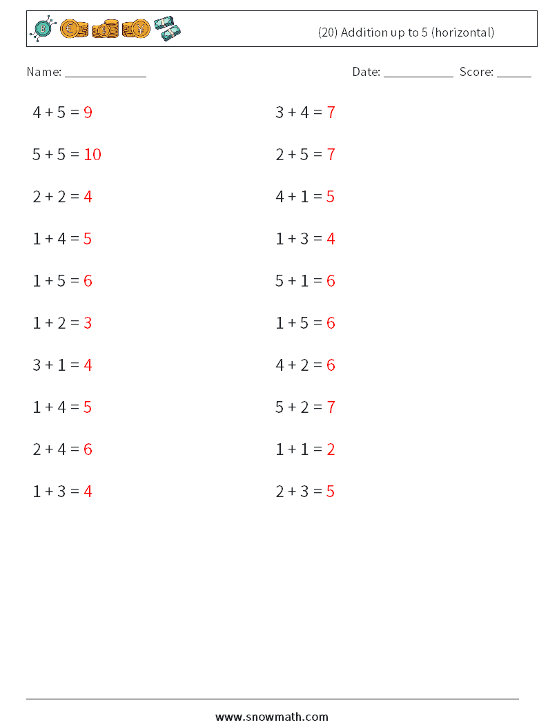 (20) Addition up to 5 (horizontal) Math Worksheets 9 Question, Answer
