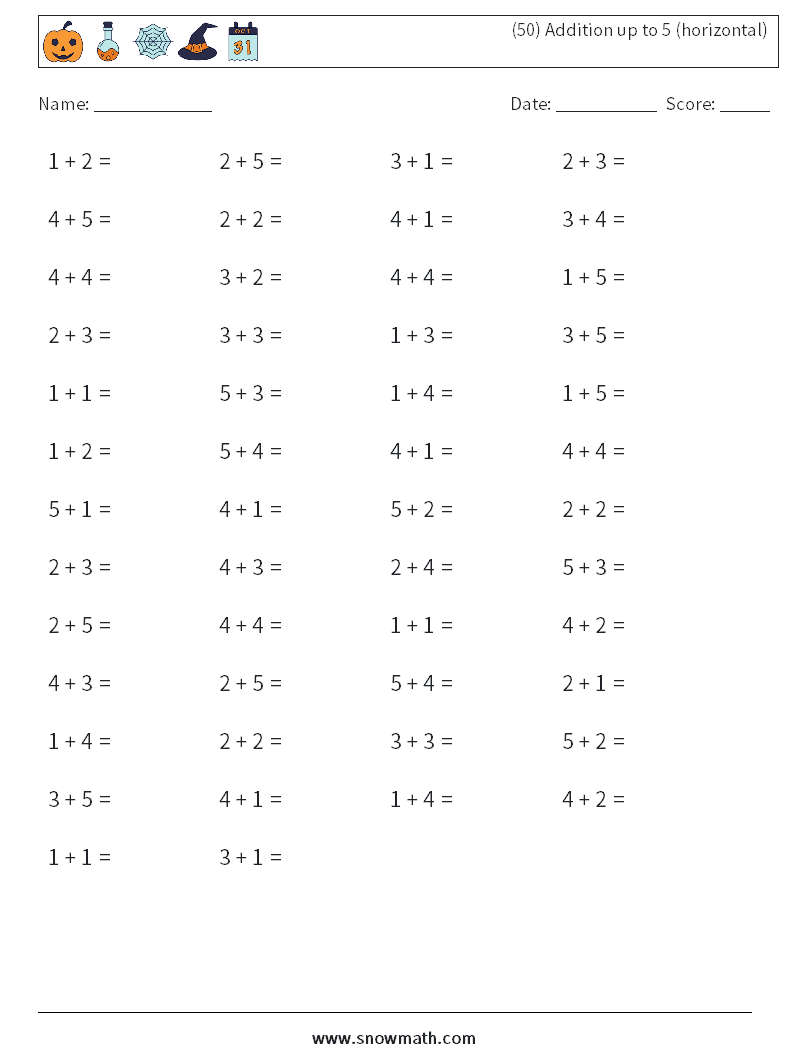 (50) Addition up to 5 (horizontal) Maths Worksheets 1