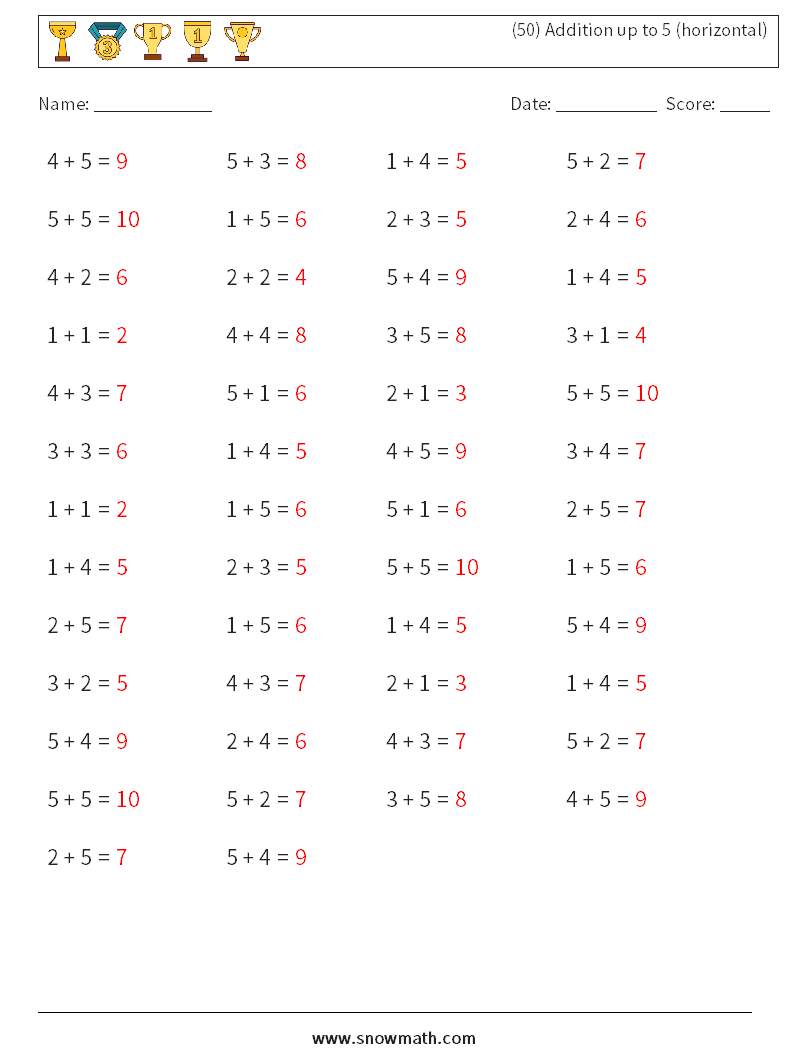 (50) Addition up to 5 (horizontal) Math Worksheets 2 Question, Answer