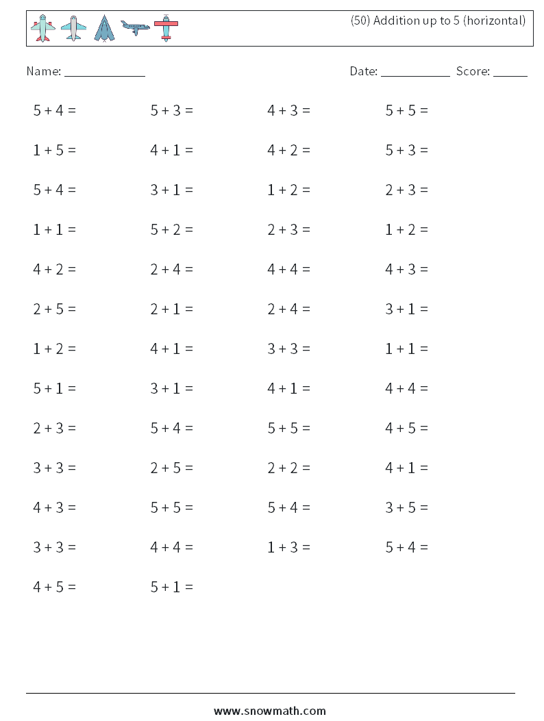 (50) Addition up to 5 (horizontal) Maths Worksheets 5