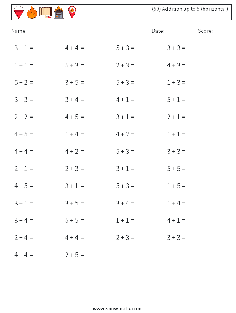 (50) Addition up to 5 (horizontal) Math Worksheets 6