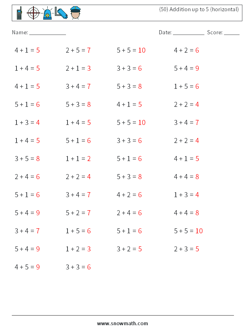 (50) Addition up to 5 (horizontal) Math Worksheets 8 Question, Answer