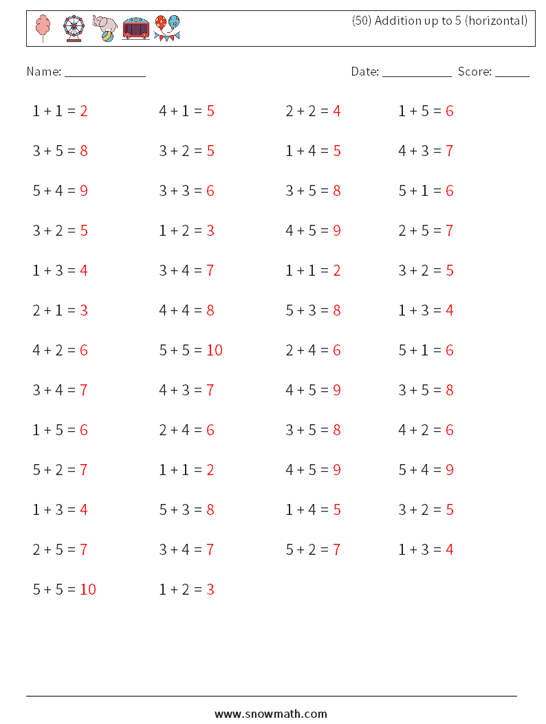 (50) Addition up to 5 (horizontal) Math Worksheets 9 Question, Answer