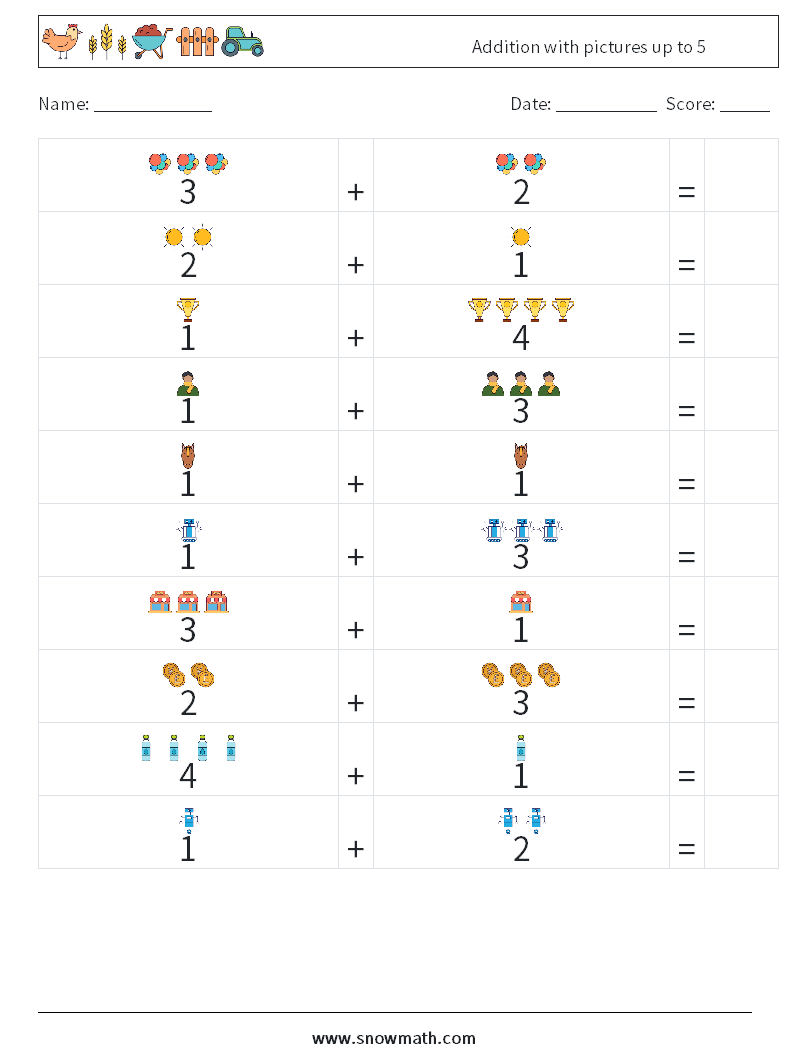 Addition with pictures up to 5 Math Worksheets 10