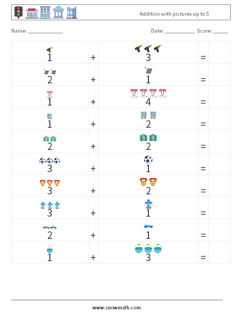 Addition with pictures up to 5 Math Worksheets 11