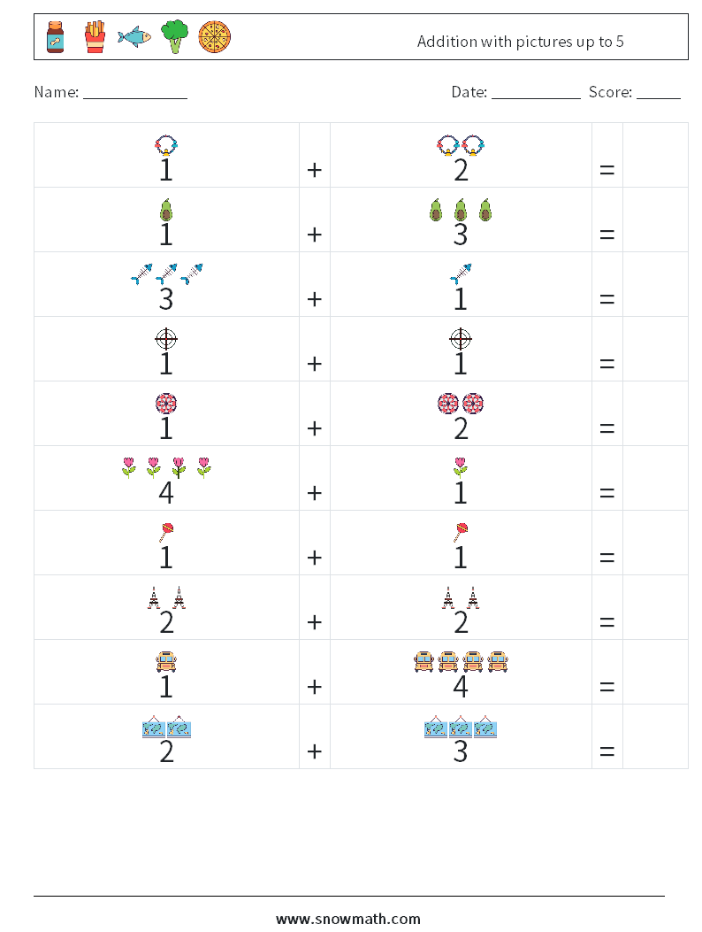 Addition with pictures up to 5 Math Worksheets 12