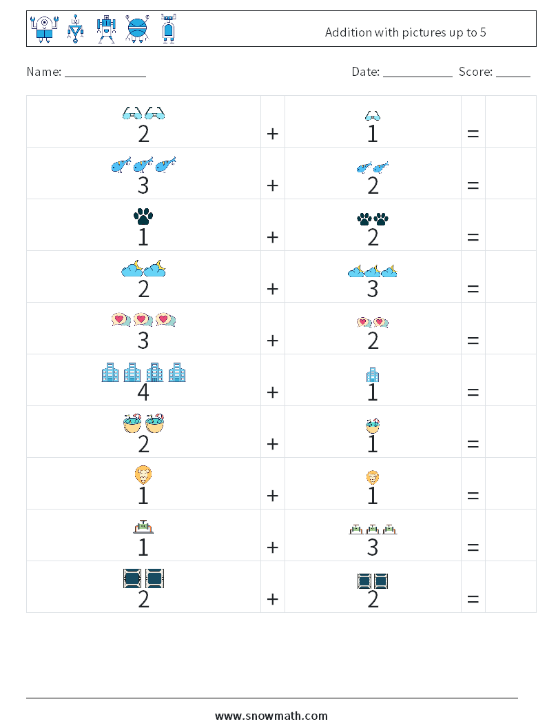 Addition with pictures up to 5 Maths Worksheets 13