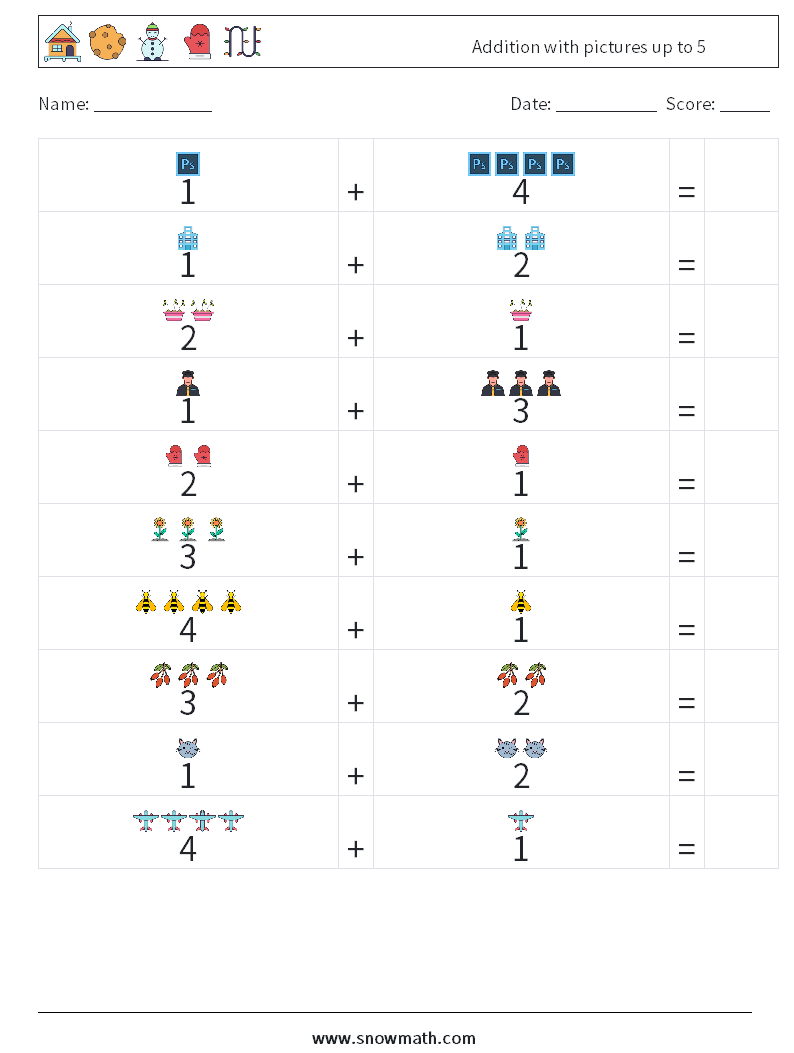 Addition with pictures up to 5 Maths Worksheets 17