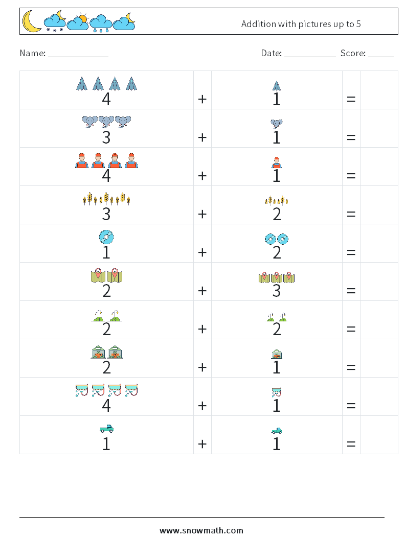 Addition with pictures up to 5 Math Worksheets 3