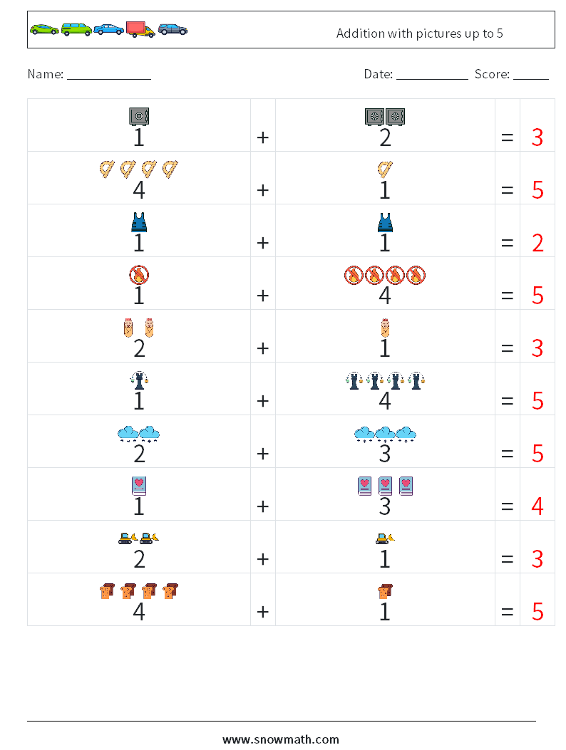 Addition with pictures up to 5 Math Worksheets 4 Question, Answer