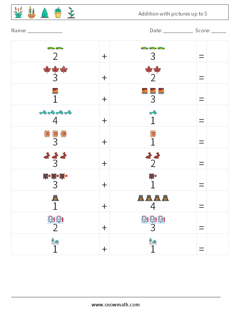 Addition with pictures up to 5 Maths Worksheets 6