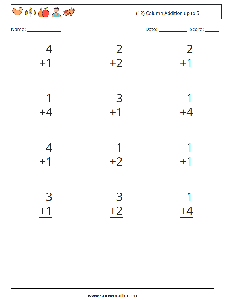 (12) Column Addition up to 5 Maths Worksheets 1