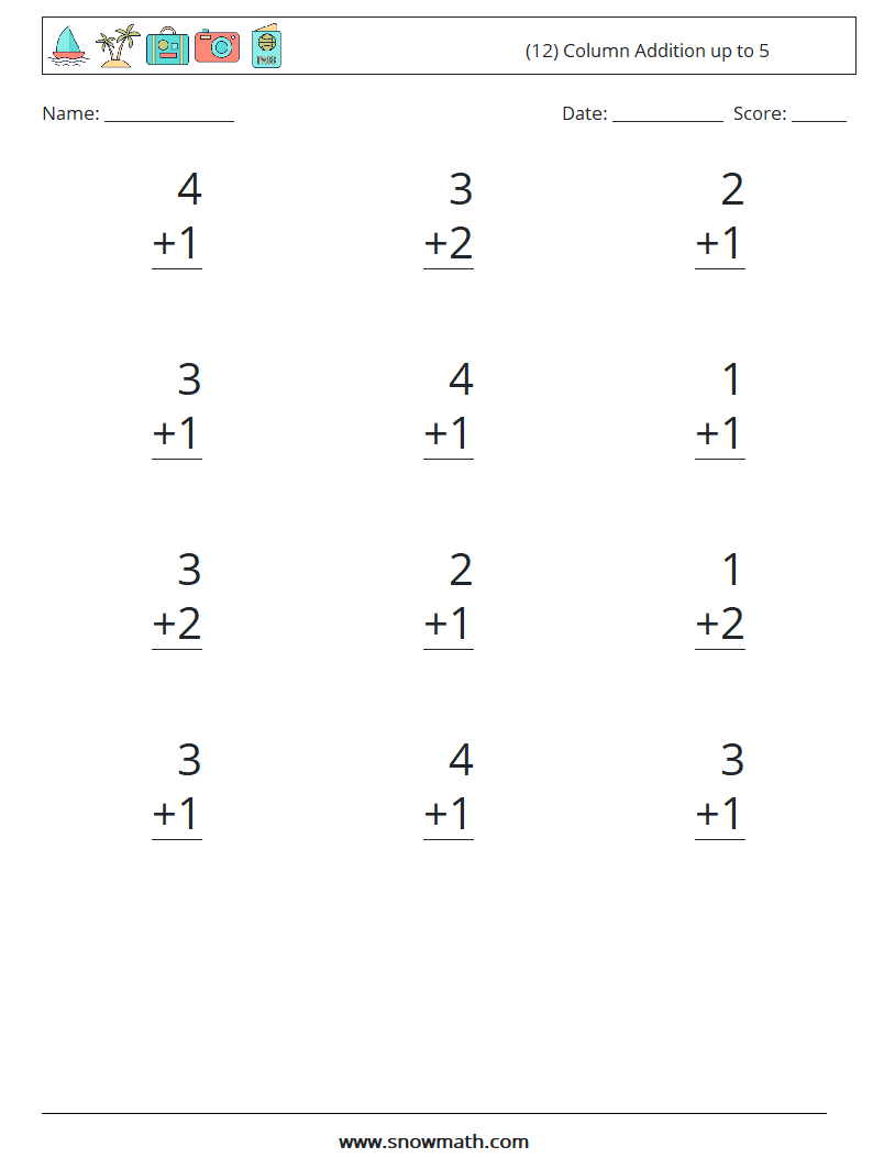 (12) Column Addition up to 5 Maths Worksheets 3