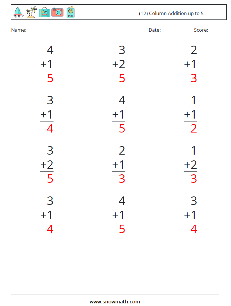 (12) Column Addition up to 5 Math Worksheets 3 Question, Answer