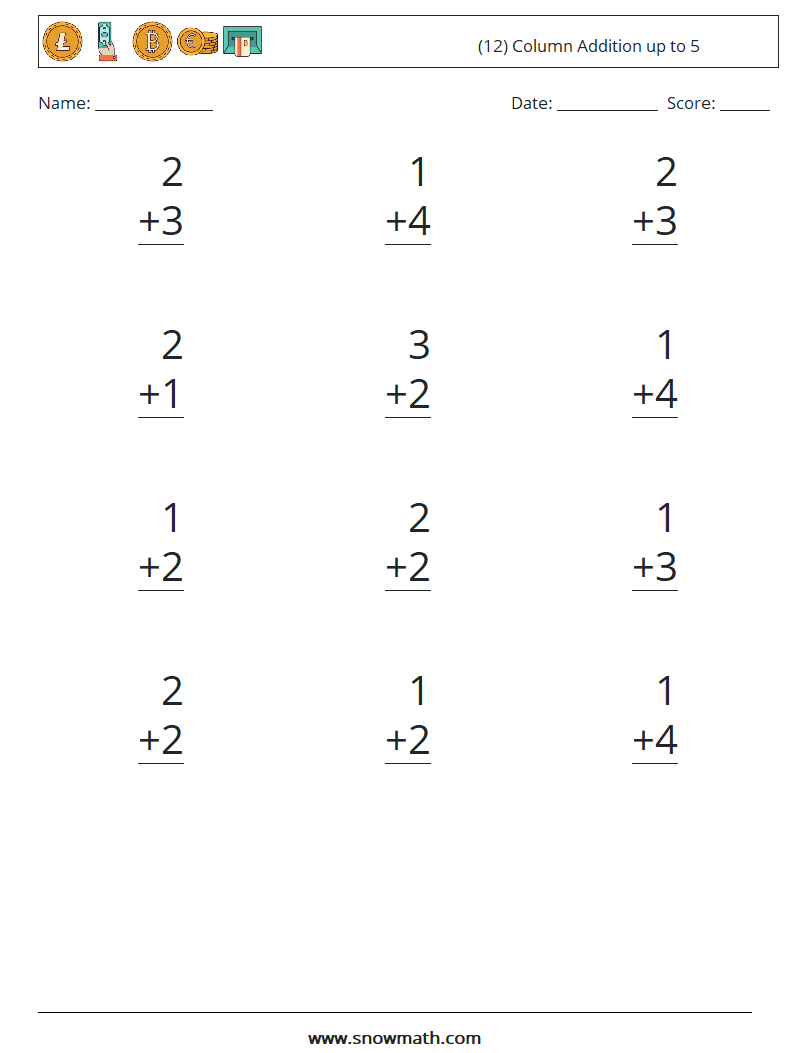 (12) Column Addition up to 5 Math Worksheets 4
