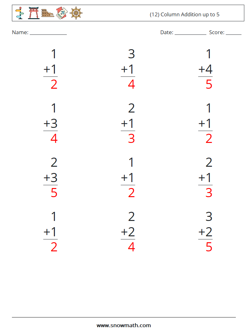 (12) Column Addition up to 5 Math Worksheets 6 Question, Answer