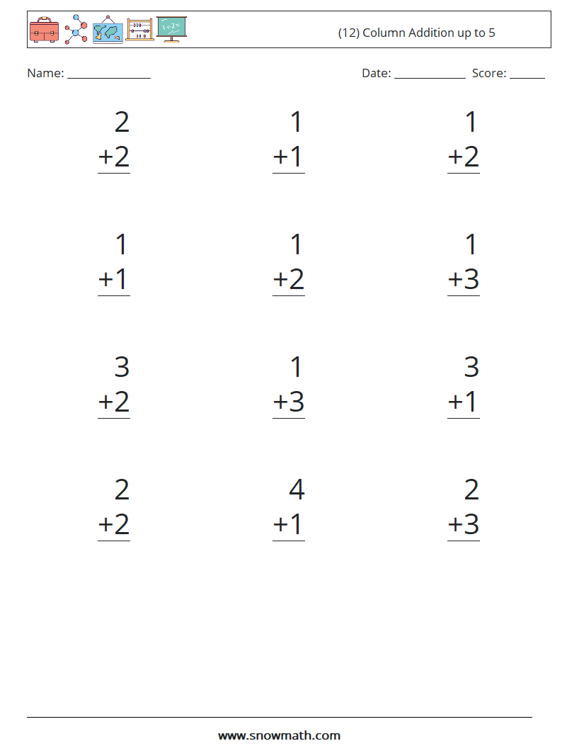 (12) Column Addition up to 5 Maths Worksheets 8