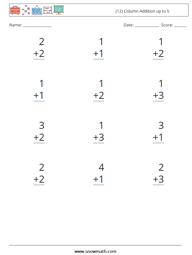 (12) Column Addition up to 5 Math Worksheets 8