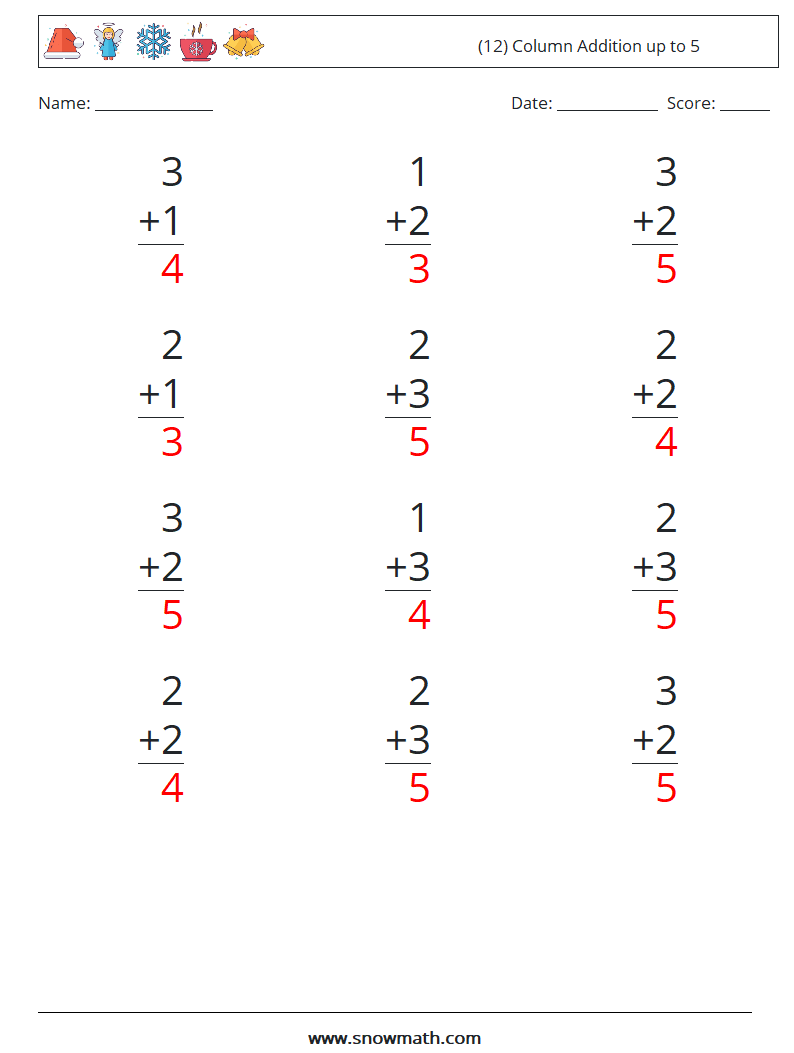 (12) Column Addition up to 5 Math Worksheets 9 Question, Answer