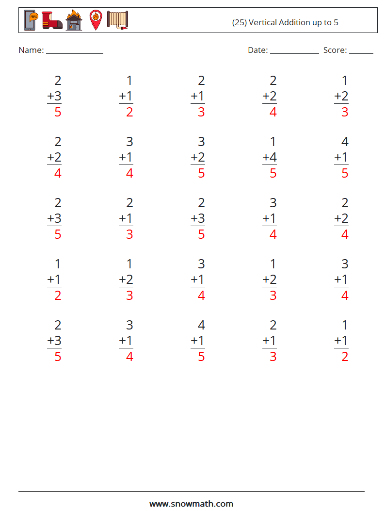 (25) Vertical Addition up to 5 Math Worksheets 2 Question, Answer