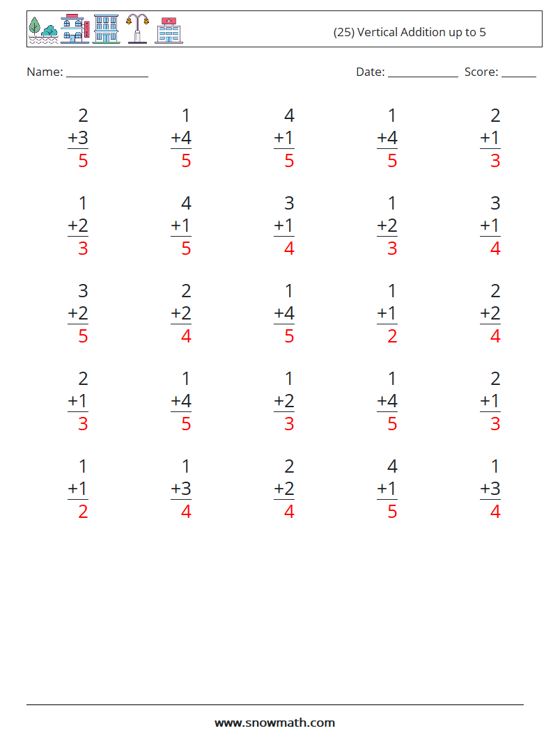 (25) Vertical Addition up to 5 Math Worksheets 4 Question, Answer