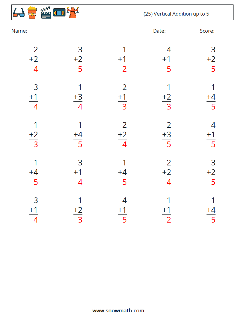 (25) Vertical Addition up to 5 Math Worksheets 5 Question, Answer