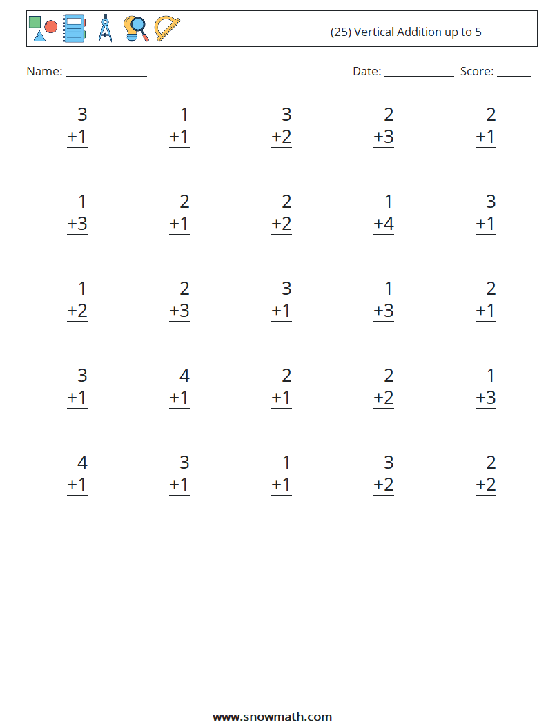 (25) Vertical Addition up to 5 Maths Worksheets 6