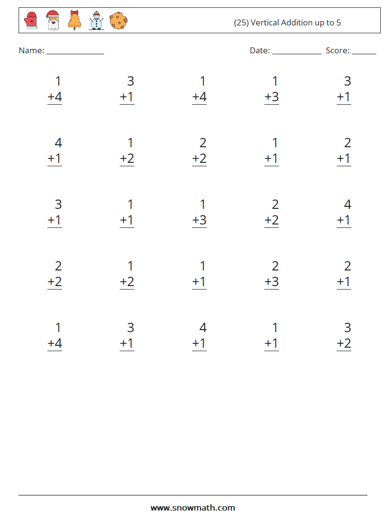 (25) Vertical Addition up to 5 Maths Worksheets 7