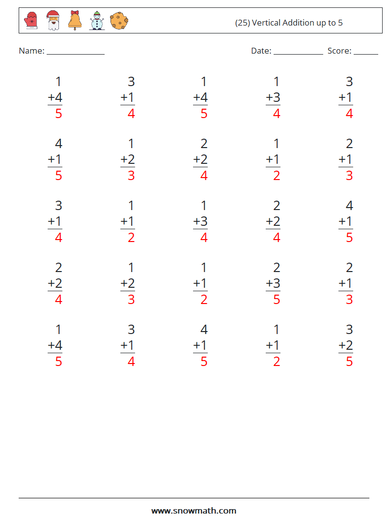 (25) Vertical Addition up to 5 Math Worksheets 7 Question, Answer