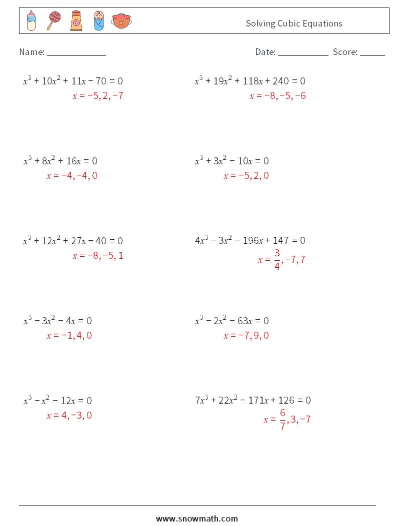 Solving Cubic Equations Math Worksheets 2 Question, Answer