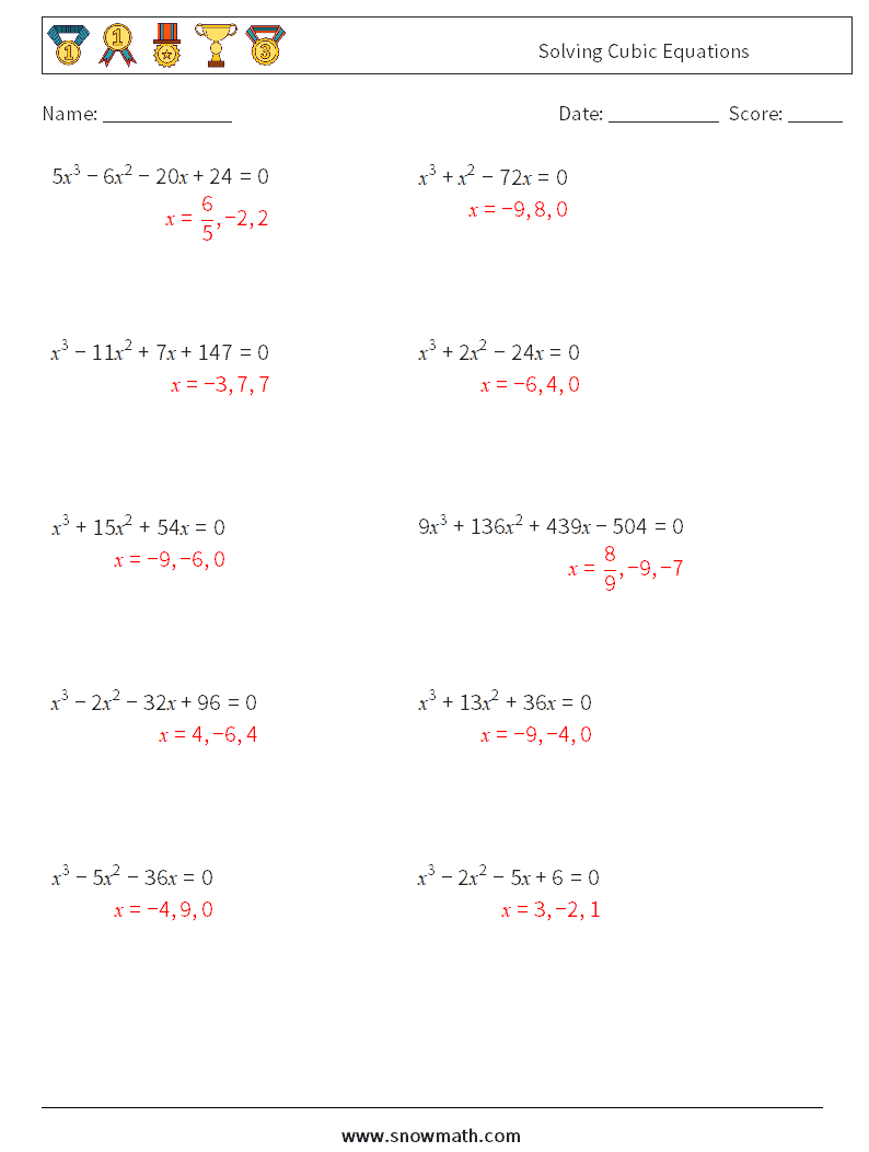 Solving Cubic Equations Math Worksheets 3 Question, Answer