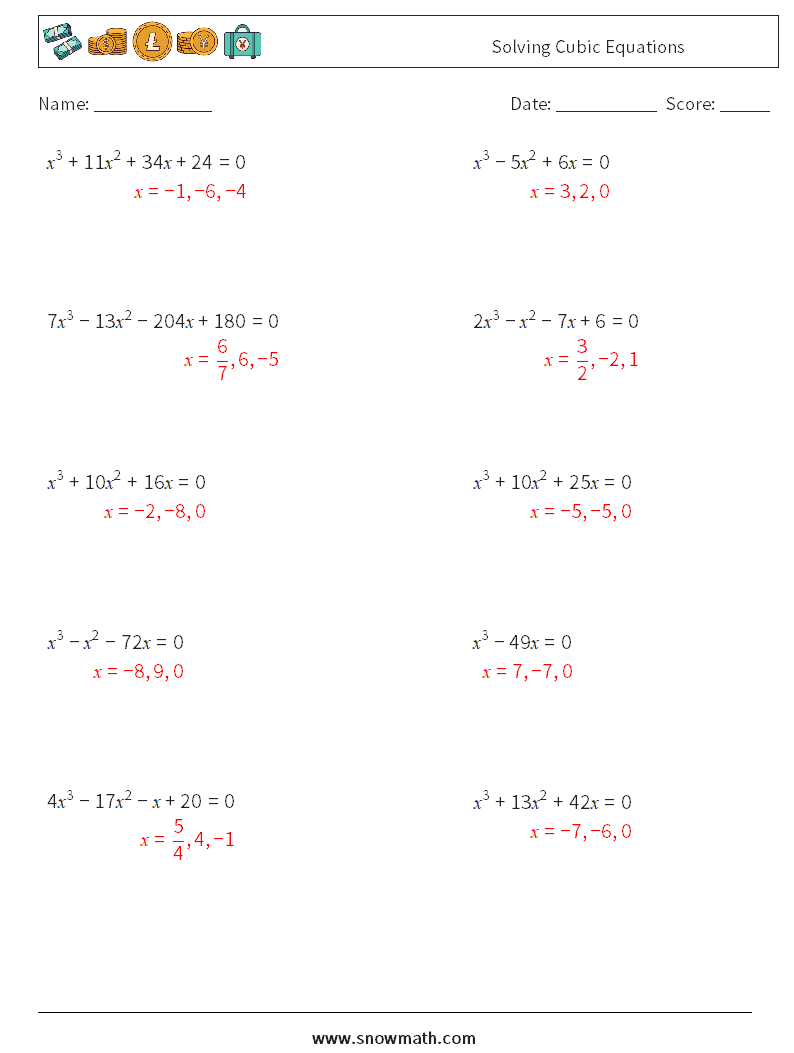 Solving Cubic Equations Math Worksheets 4 Question, Answer