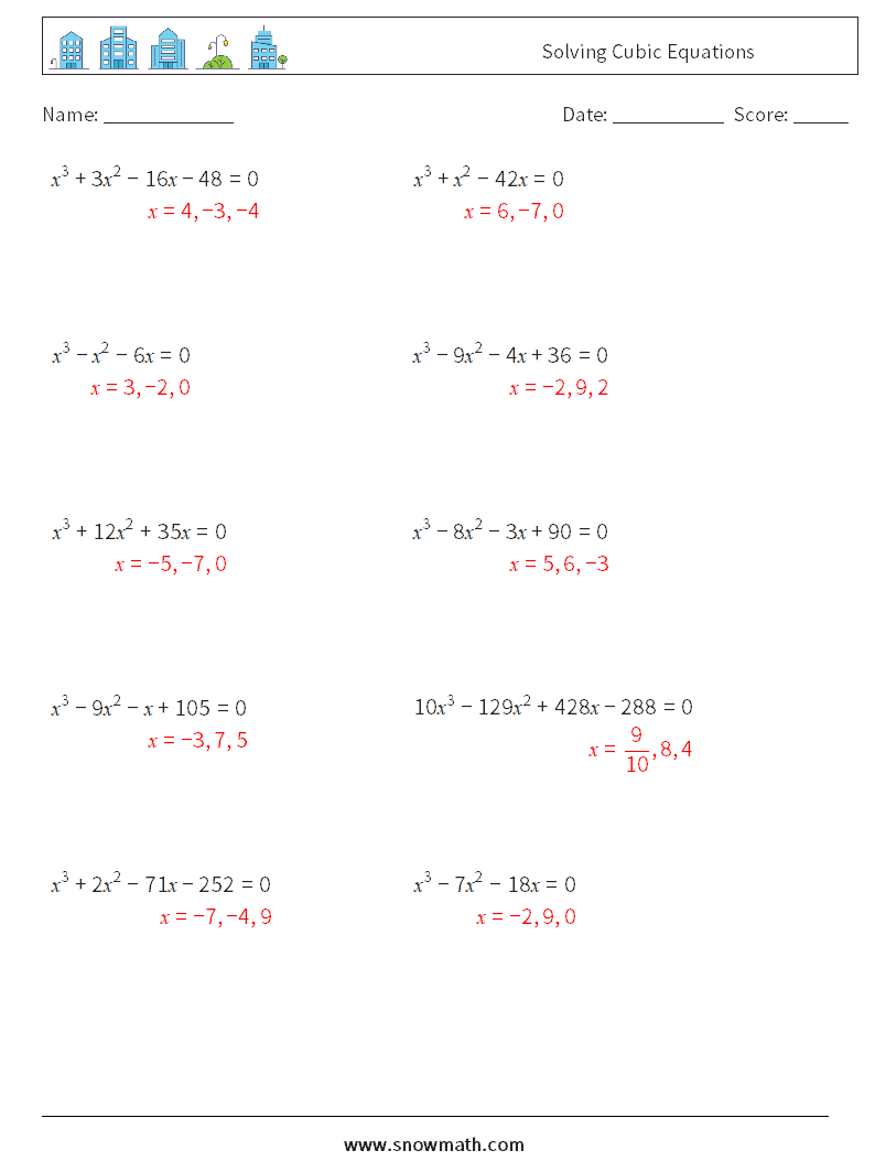 Solving Cubic Equations Math Worksheets 5 Question, Answer