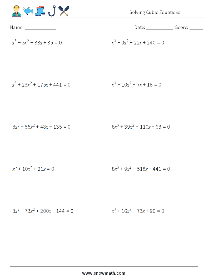 Solving Cubic Equations Math Worksheets 6