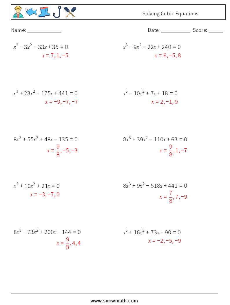 Solving Cubic Equations Math Worksheets 6 Question, Answer