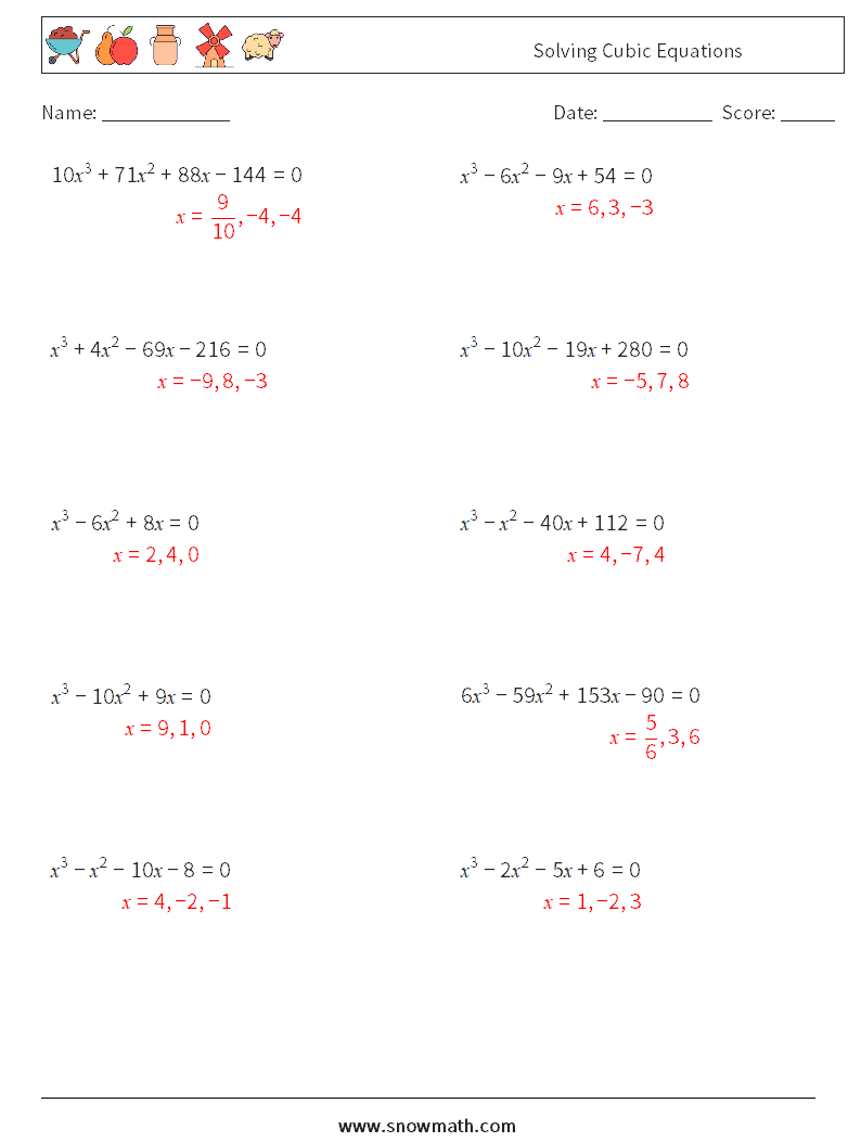 Solving Cubic Equations Math Worksheets 7 Question, Answer